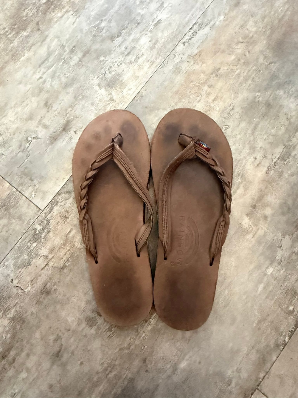 Rainbow Brown Braided Leather Thong Sandals